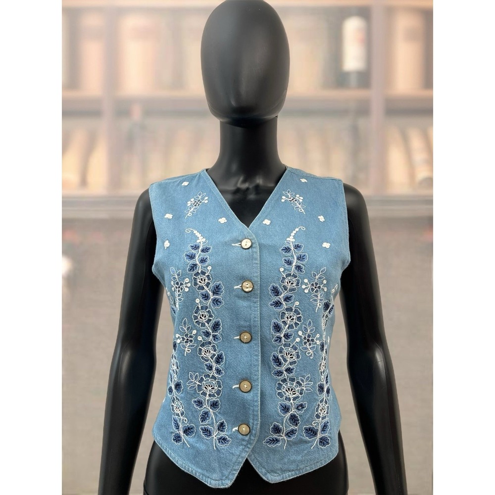 1990 90s Lizwear Coastal Boho Denim Vest with Embroidered Seashell Buttons Sz SP